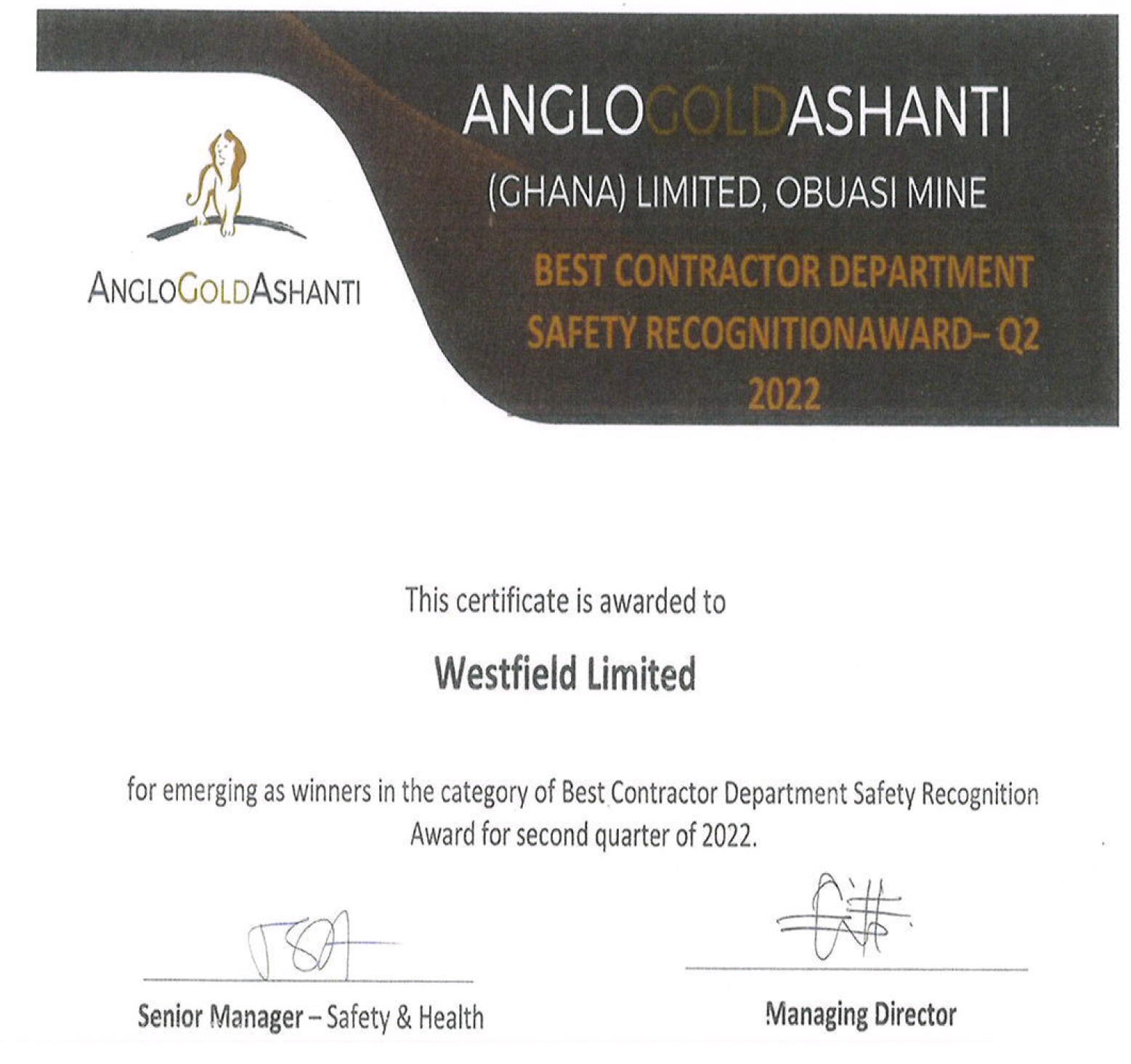 Westfield award certificate