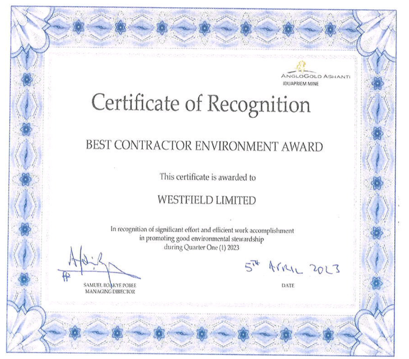 Westfield award certificate