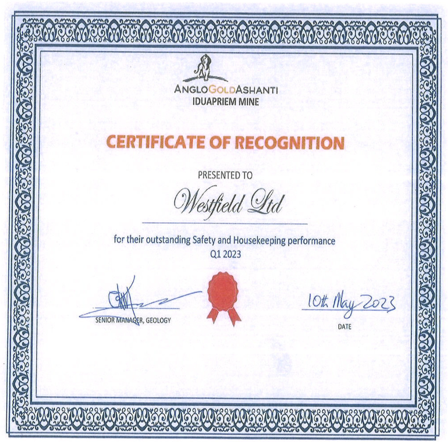 Westfield recognition certificate